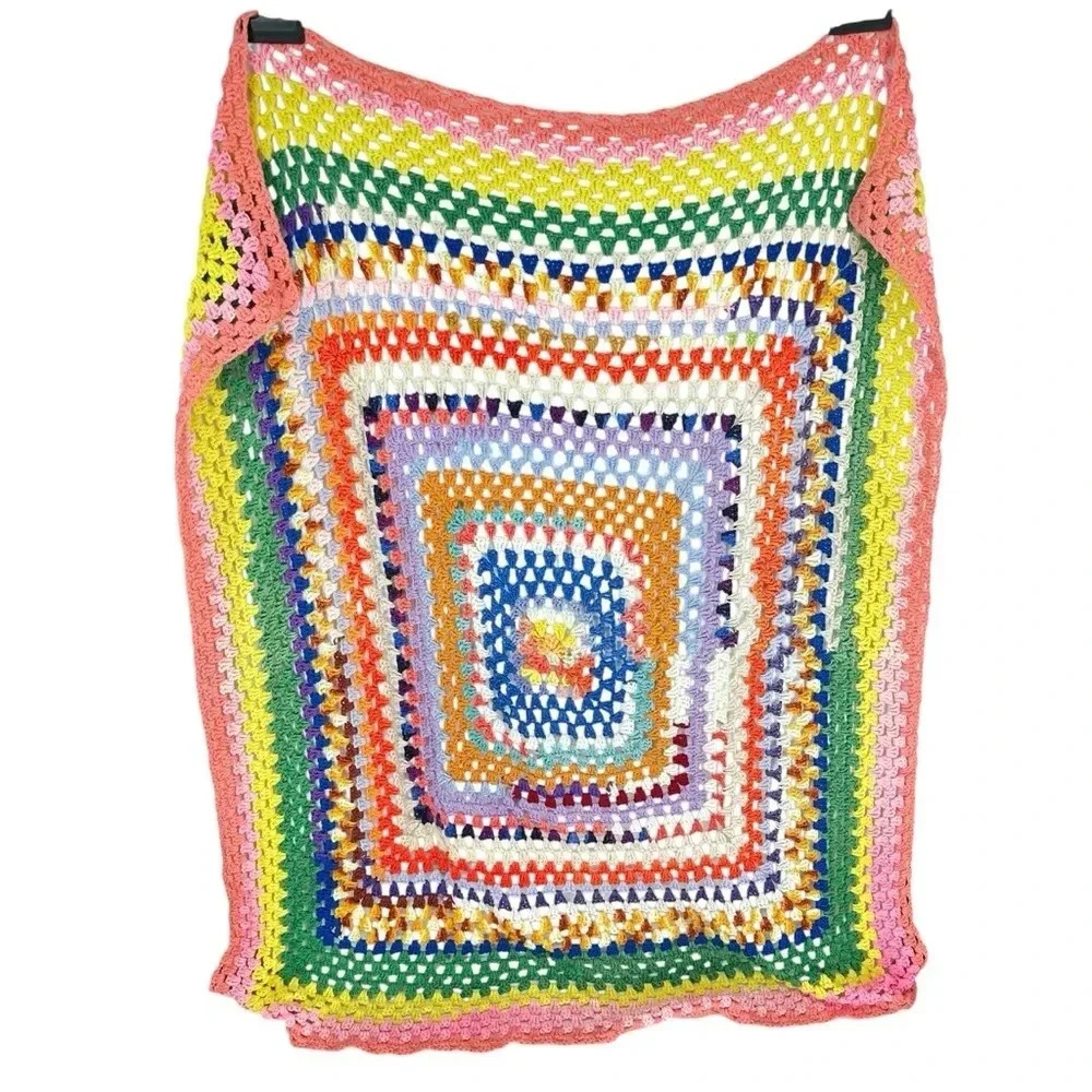 Vintage granny square rainbow bohemian crochet afghan